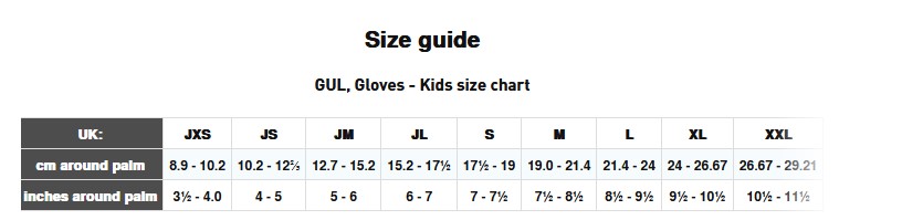GUL JUNIOR SAILING GLOVES 0 Size Chart